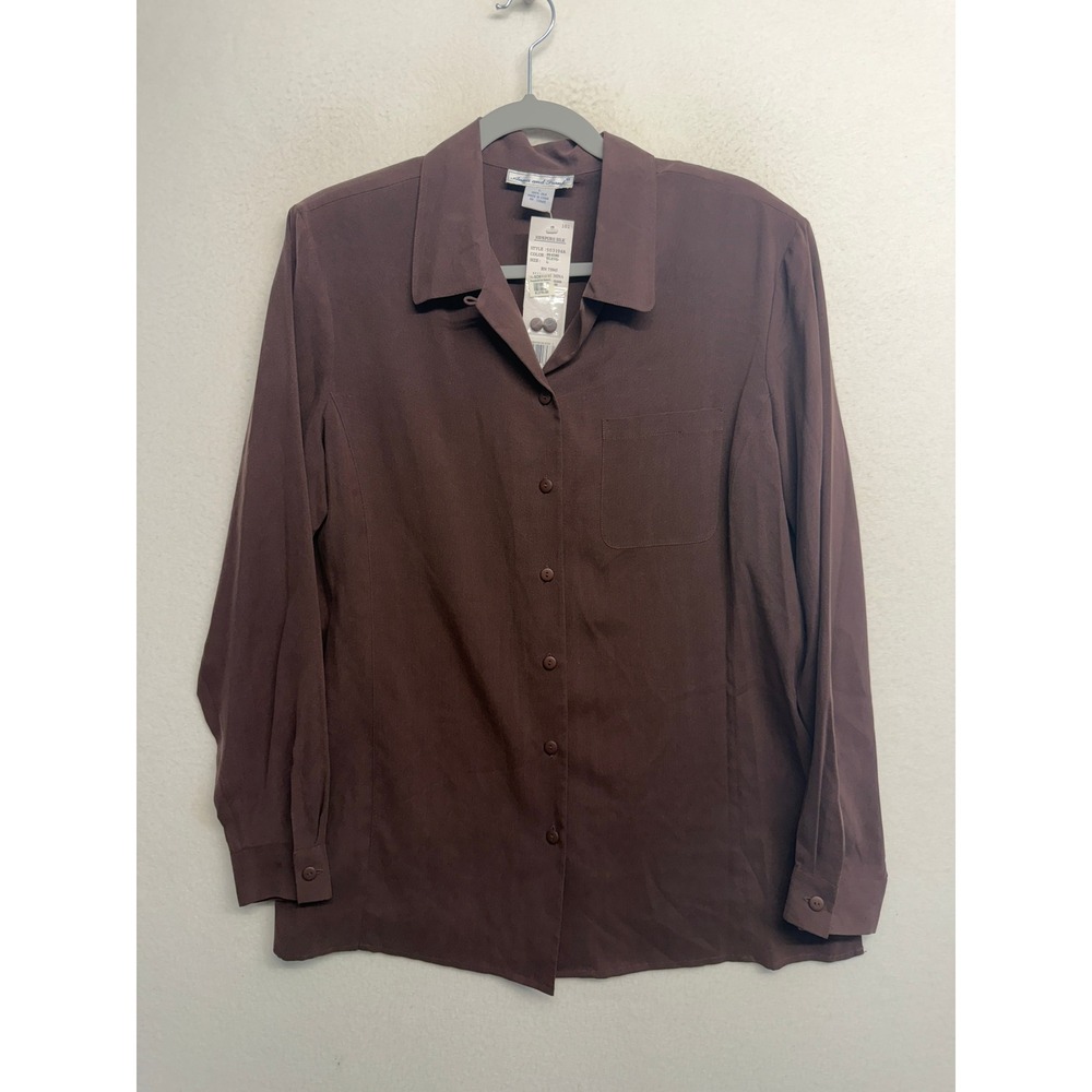 Anna and Frank Womens 100% Silk Button Down Shirt Brown Long Sleeve Blouse Large